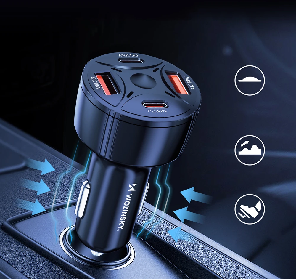 Wozinsky WLS-04 60W Car Charger 2xUSB-C 2xUSB-A - Juodas