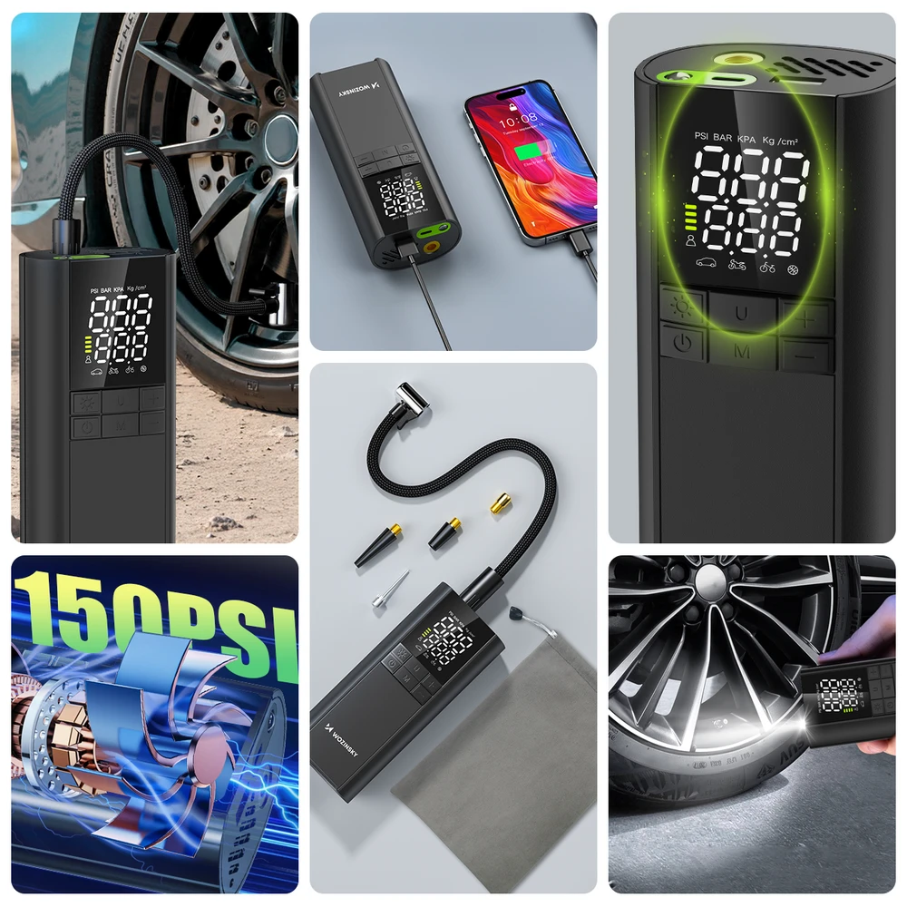 Wozinsky WPEP-8000 kompresorius, elektrinis siurblys, 8000 mAh išorinė baterija, žibintuvėlis - juodas