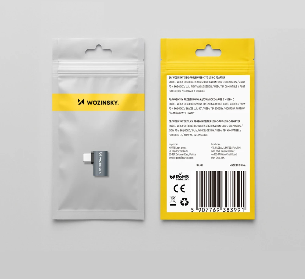 Wozinsky WPKB-01 USB-C – USB-C 40Gb/s 240W 8K OTG šoninis kampinis adapteris – pilkas