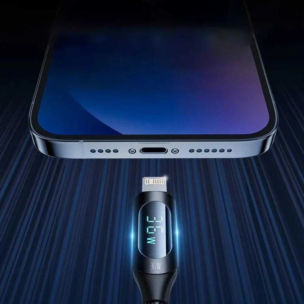 Wozinsky WUCLC2 Lightning - USB-C 36W 480Mb/s laidas 2m su ekranu - juodas
