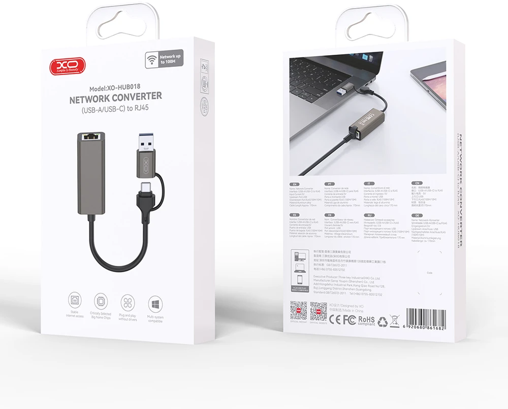XO adapteris HUB HUB018 2in1 USB-USB-C – RJ45 pilkas