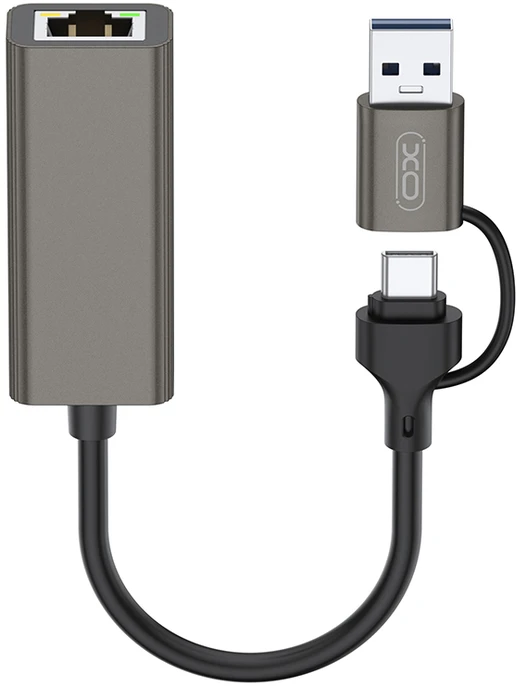 XO adapteris HUB HUB018 2in1 USB-USB-C – RJ45 pilkas