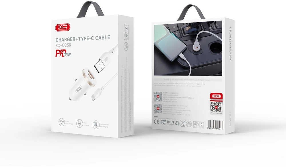 XO automobilinis įkroviklis CC56 PD 30W QC 1x USB 1x USB-C baltas + USB – USB-C laidas