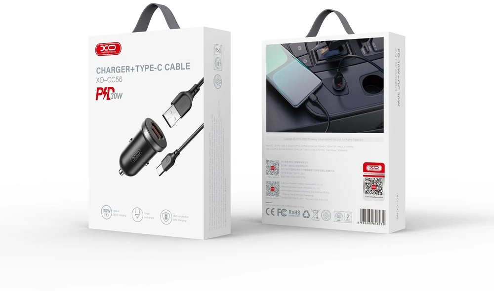 XO automobilinis įkroviklis CC56 PD 30W QC 1x USB 1x USB-C juodas + USB – USB-C laidas