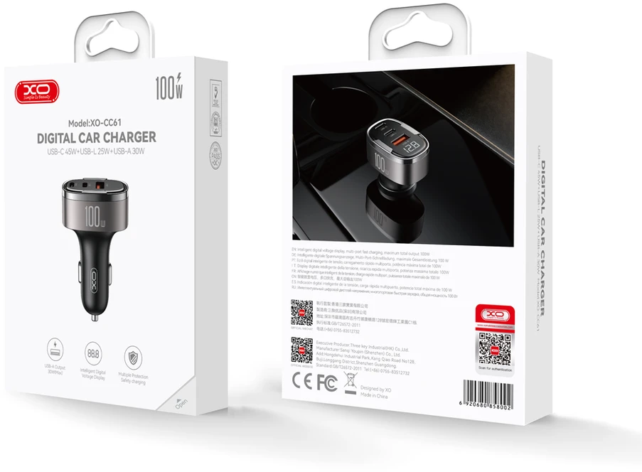 XO automobilinis įkroviklis CC61 PD QC 3.0 100W 1x USB 1x USB-C 1x Lightning pilkas