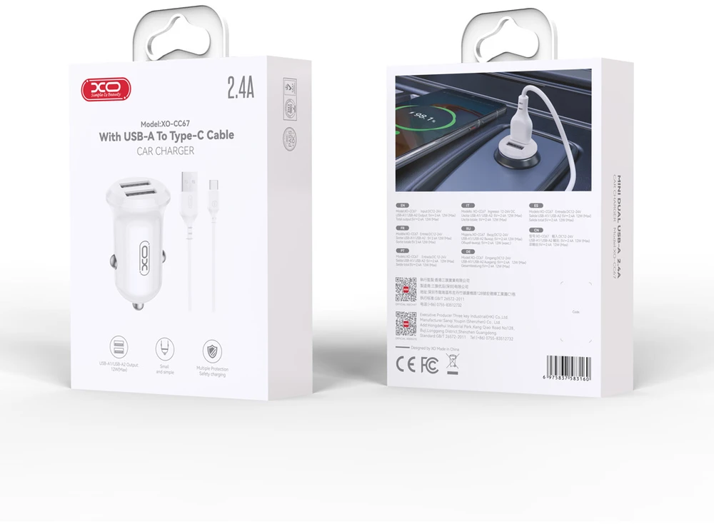 XO automobilinis įkroviklis CC67 12W 2x USB juodas + USB – USB-C laidas
