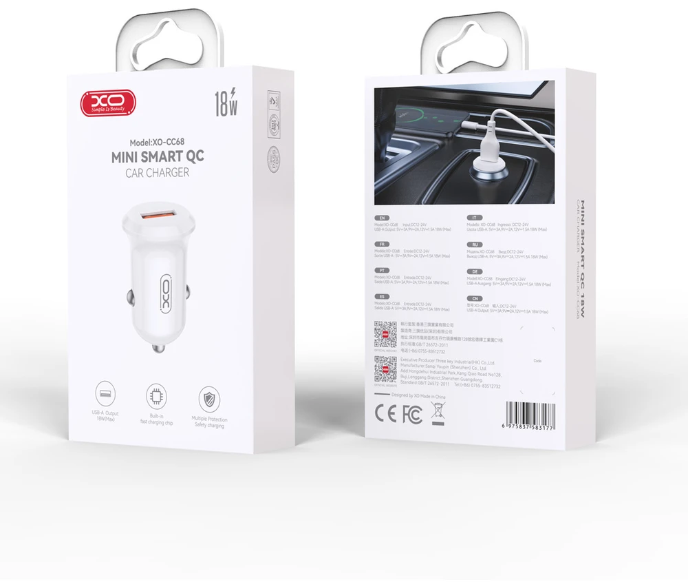XO automobilinis įkroviklis CC68 18W QC 1x USB baltas
