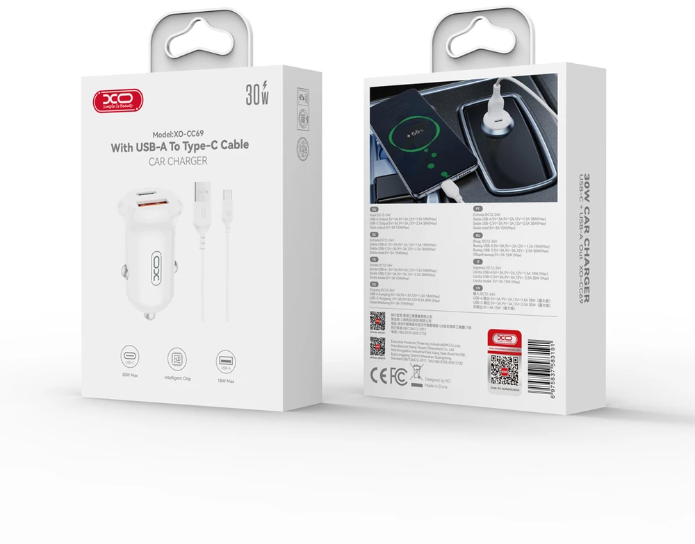 XO automobilinis įkroviklis CC69 PD 30W QC 1x USB 1x USB-C baltas + laidas USB – USB-C