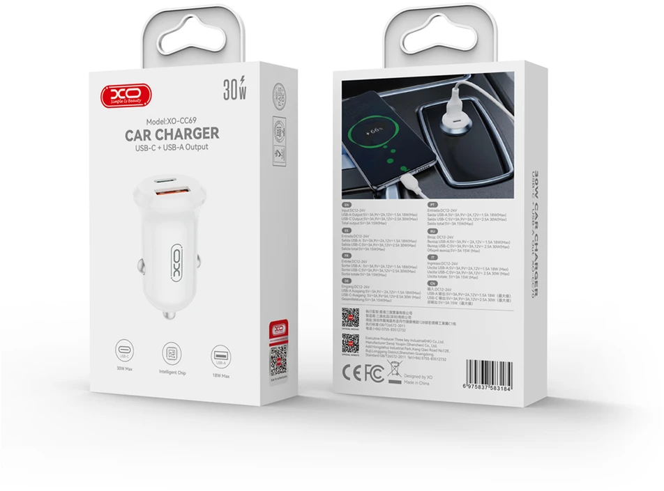 XO automobilinis įkroviklis CC69 PD 30W QC 1x USB 1x USB-C baltas