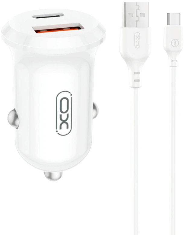 XO automobilinis įkroviklis CC69 PD 30W QC 1x USB 1x USB-C baltas + laidas USB – USB-C
