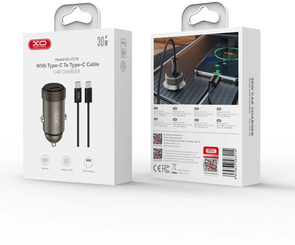 XO automobilinis įkroviklis CC70 PD 30W 1x USB-C juodas + laidas USB-C – USB-C