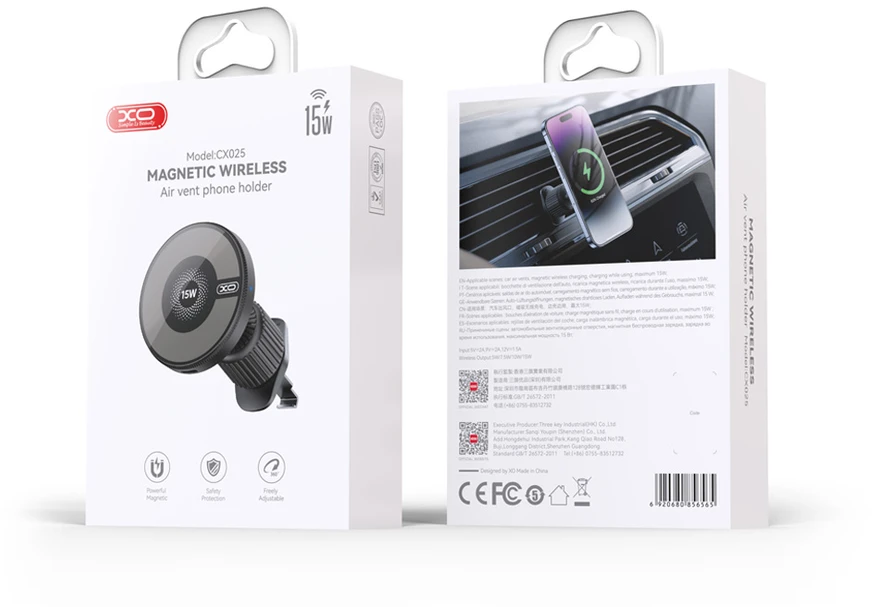 XO automobilinis magnetinis laikiklis CX025 su 15W belaidžiu indukciniu įkrovikliu, juodas, tvirtinamas į ventiliacijos groteles, skirtas MagSafe