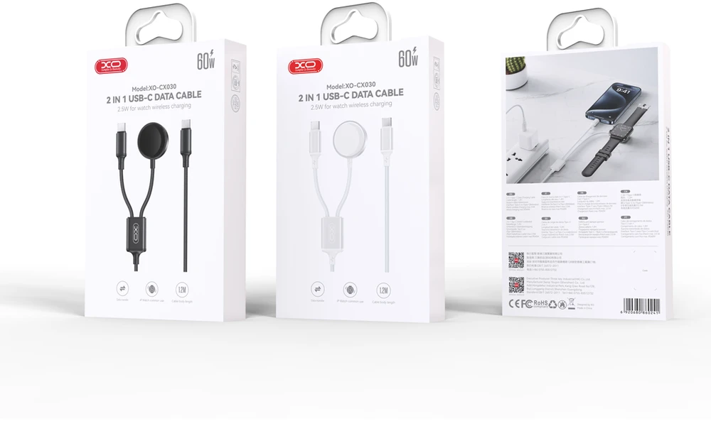 XO belaidis indukcinis įkroviklis CX030, juodas, skirtas Watch su USB-C – USB-C laidu