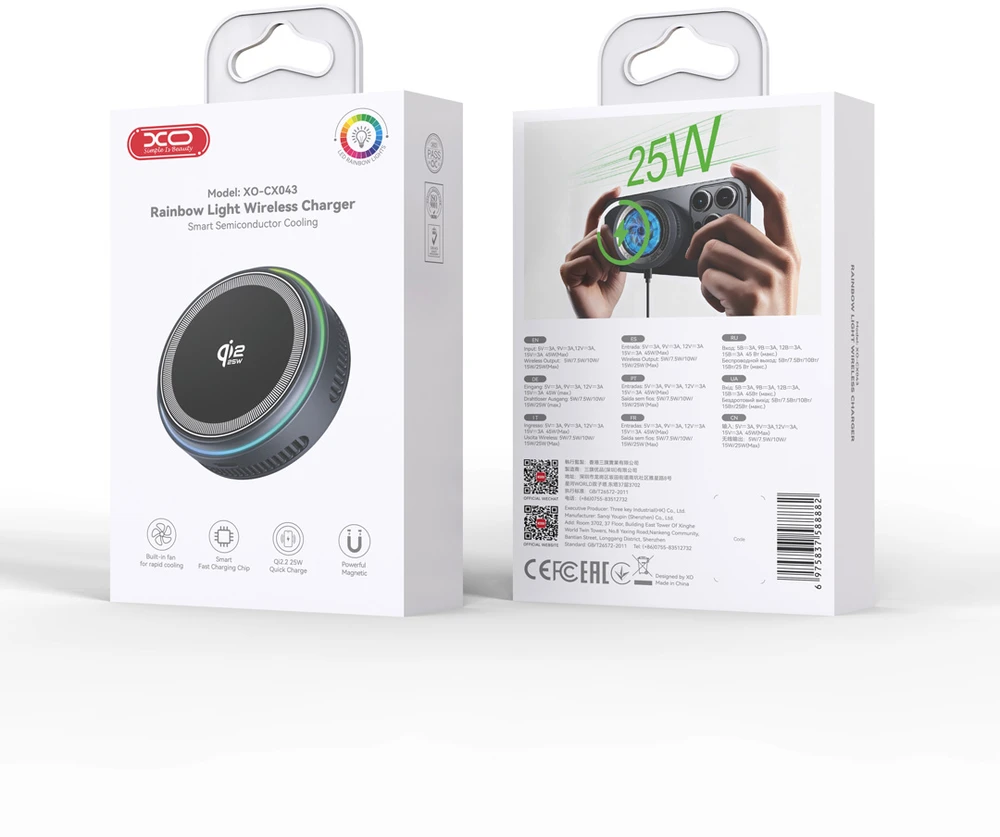 XO belaidis indukcinis įkroviklis QI2.2 CX043 magnetinis pilkas su LED ir aušinimu