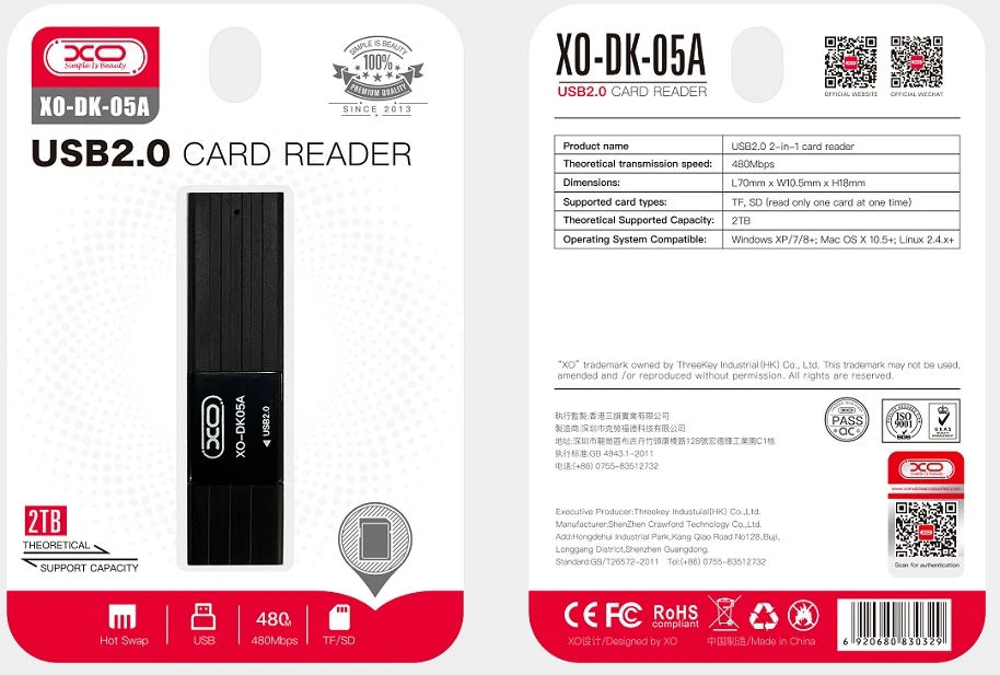 Atminties kortelė XO card reader 2 in 1 DK05A USB 2.0 juodas