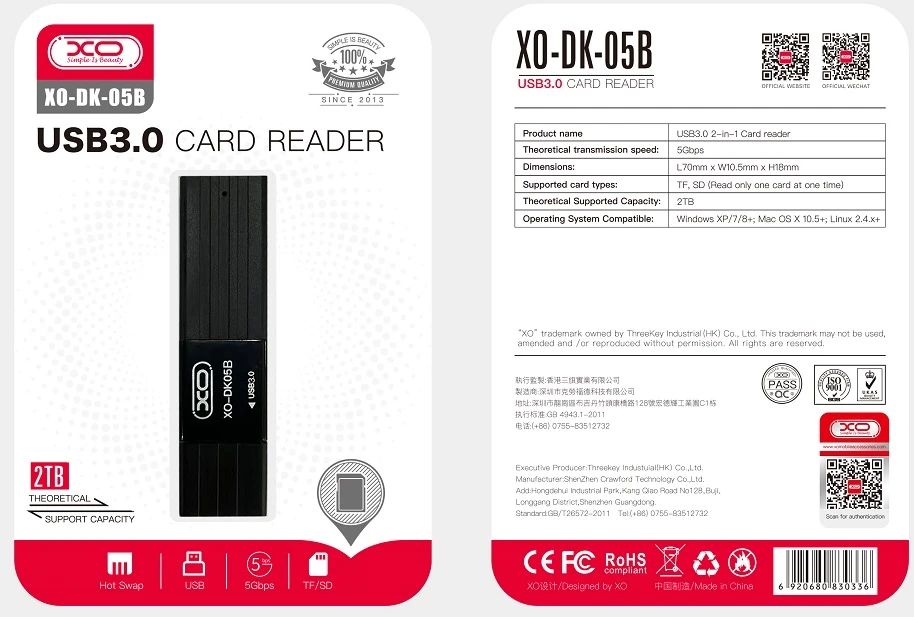 Atminties kortelė XO DK05B USB 3.0 atminties kortelių skaitytuvas 2W1 (juodas)