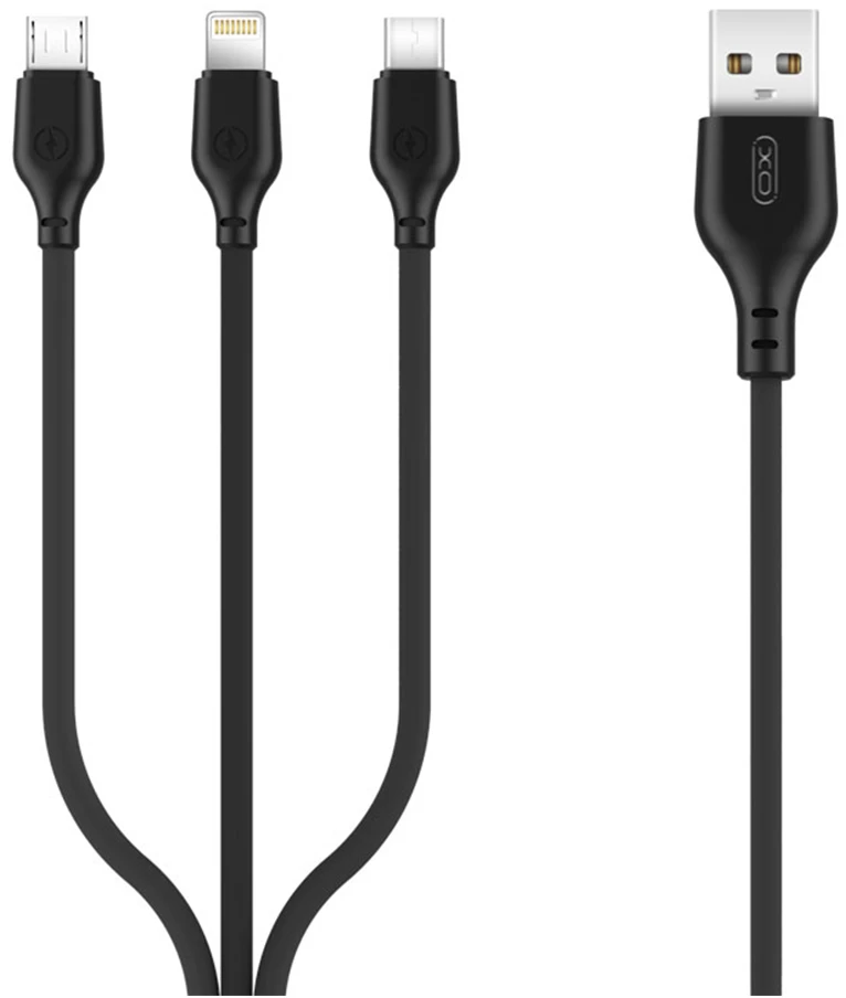 XO kabelis NB103 3in1 USB – Lightning + USB-C + microUSB 1,0 m 2,1A juodas