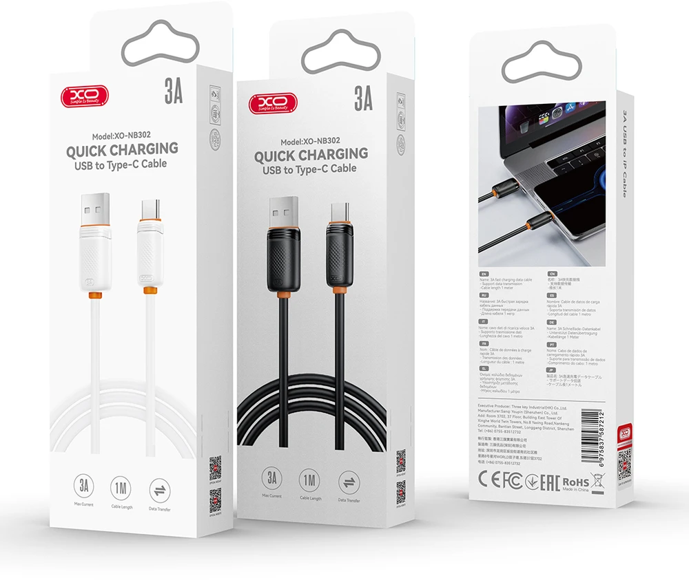 XO kabelis NB302 USB – USB-C 1,0m 3A baltas