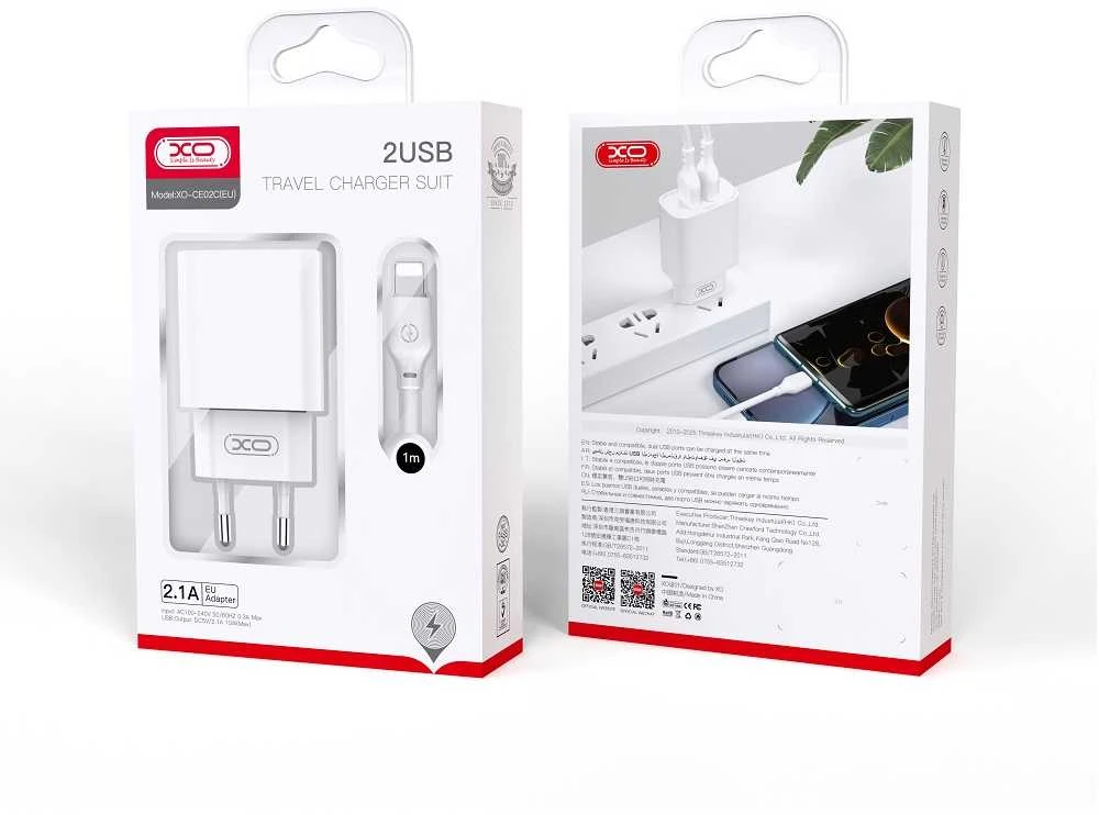 XO sieninis įkroviklis CE02C 2x USB 2,1A baltas + Lightning laidas