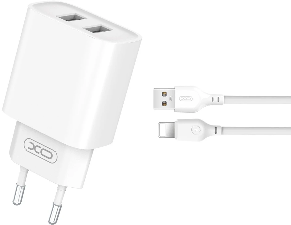 XO sieninis įkroviklis CE02C 2x USB 2,1A baltas + Lightning laidas