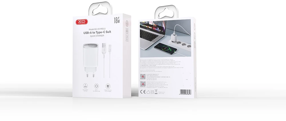 XO sieninis įkroviklis CE19 QC 18W 1x USB baltas + USB-C laidas