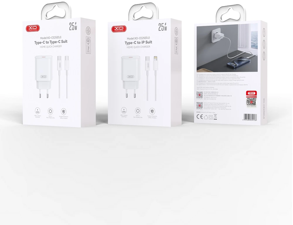 XO sieninis įkroviklis CE25 PD 25W 1x USB-C baltas + laidas USB-C – USB-C