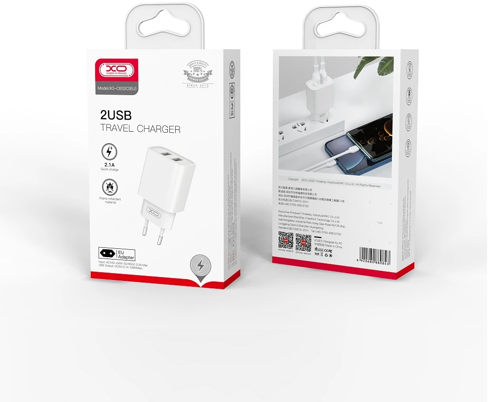 XO sieninis įkroviklis CE02C 2x USB 2,1A baltas