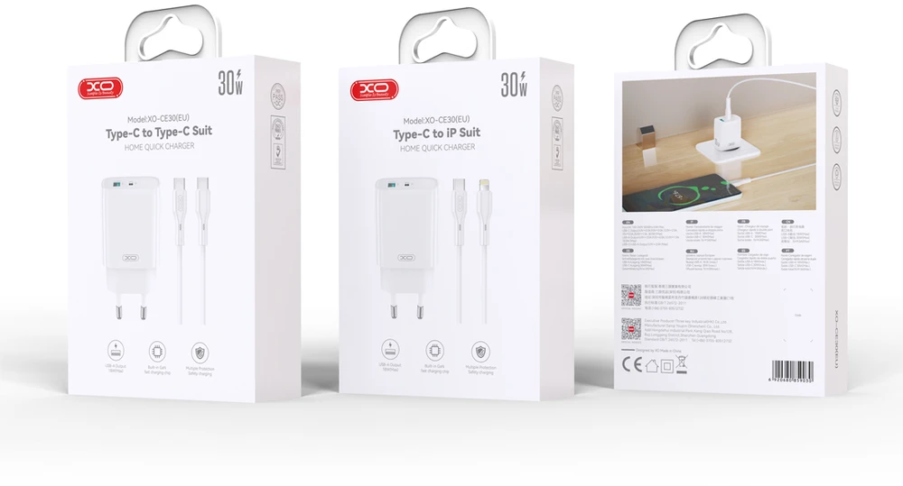 XO sieninis įkroviklis CE30 PD 30W 1x USB-C 1x USB baltas + laidas USB-C – Lightning