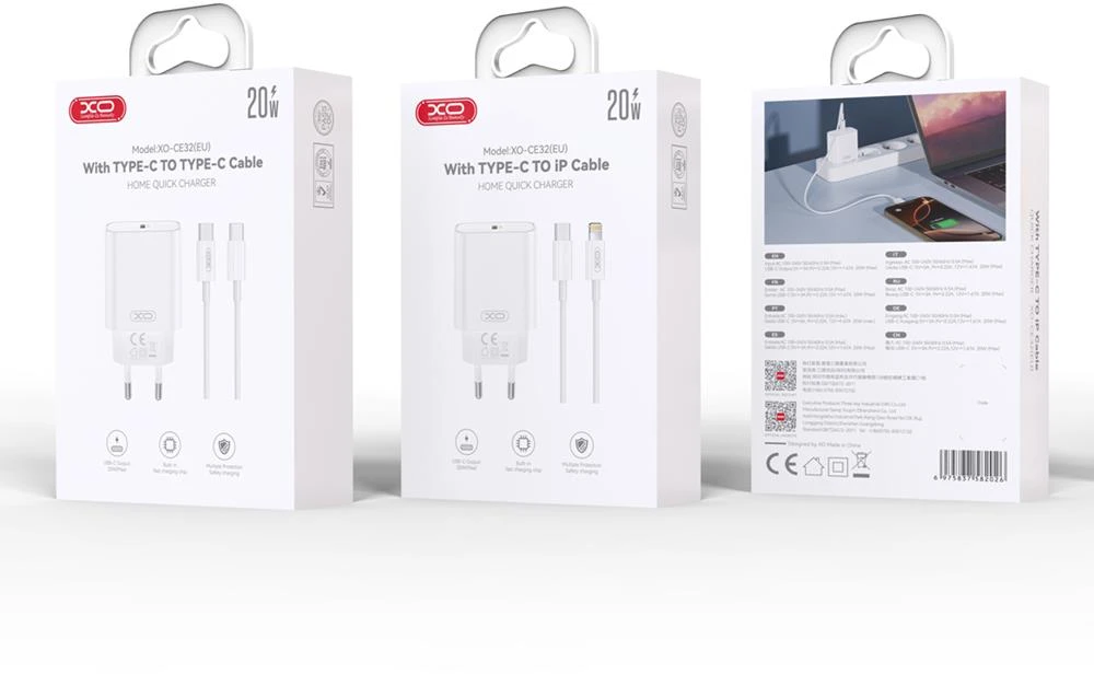 XO sieninis įkroviklis CE32 PD 20W 1x USB-C baltas + USB-C – USB-C laidas