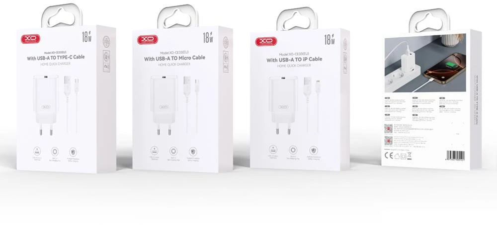 XO sieninis įkroviklis CE33 QC 18W 1x USB baltas + Lightning laidas