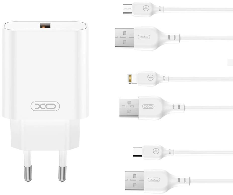 XO sieninis įkroviklis CE33 QC 18W 1x USB baltas + Lightning laidas