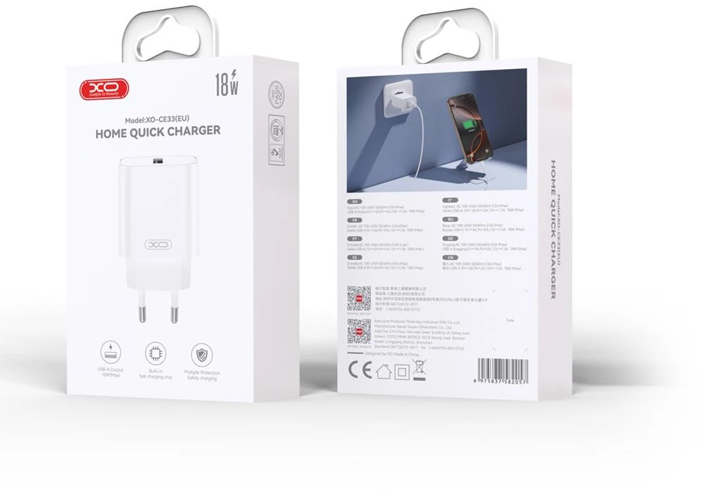 XO sieninis įkroviklis CE33 QC 18W 1x USB baltas + Lightning laidas