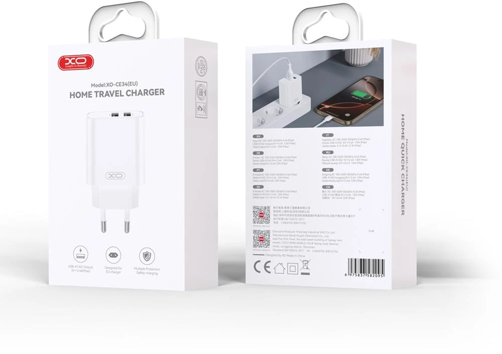 XO sieninis įkroviklis CE34 2x USB 2,4A baltas + microUSB laidas