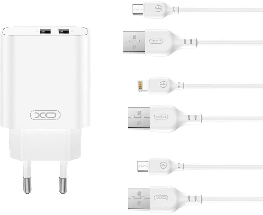XO sieninis įkroviklis CE34 2x USB 2,4A baltas + microUSB laidas