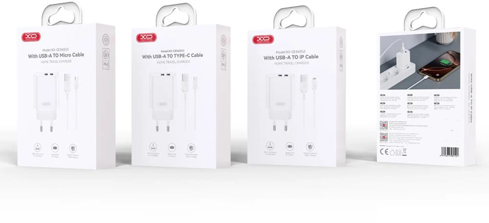 XO sieninis įkroviklis CE34 2x USB 2,4A baltas