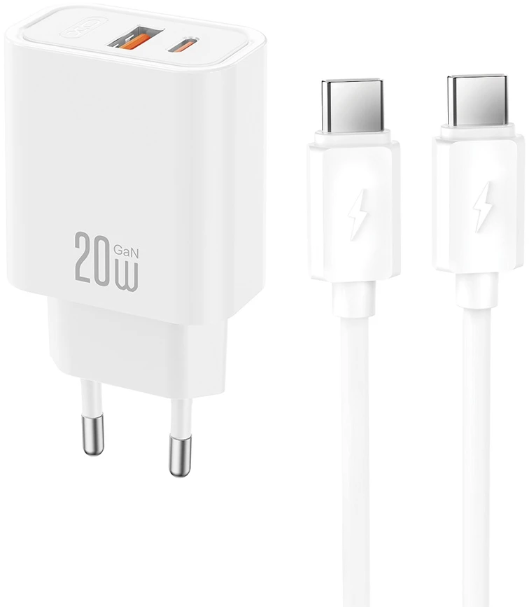 XO sieninis įkroviklis CE40 PD 20W 1x USB-C 1x USB baltas + laidas USB-C – USB-C