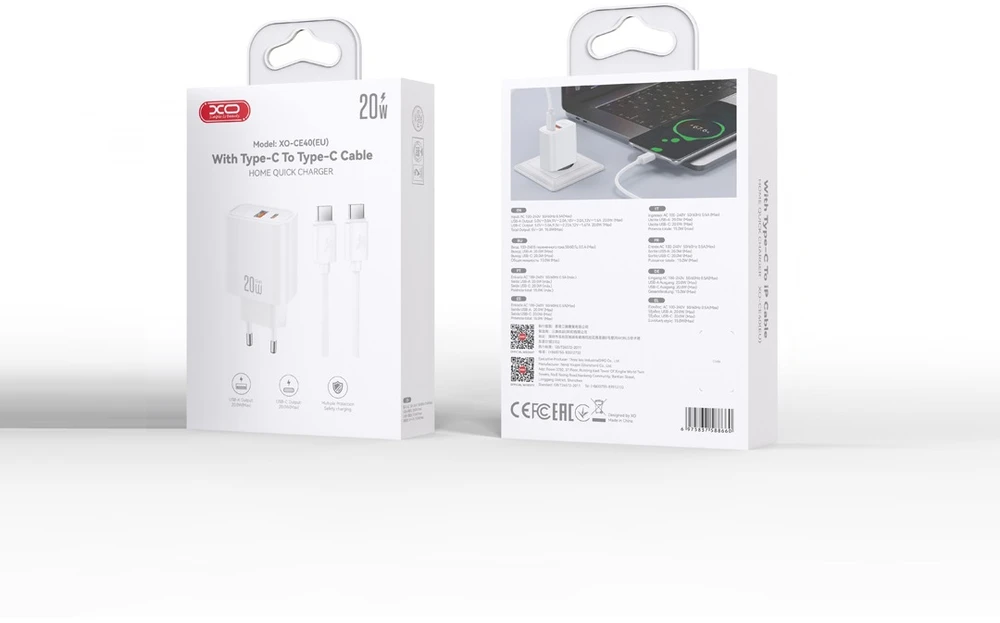 XO sieninis įkroviklis CE40 PD 20W 1x USB-C 1x USB baltas + laidas USB-C – USB-C