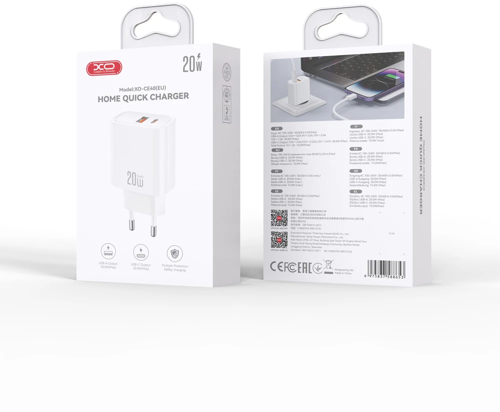 XO sieninis įkroviklis CE40 PD 20W 1x USB-C 1x USB baltas