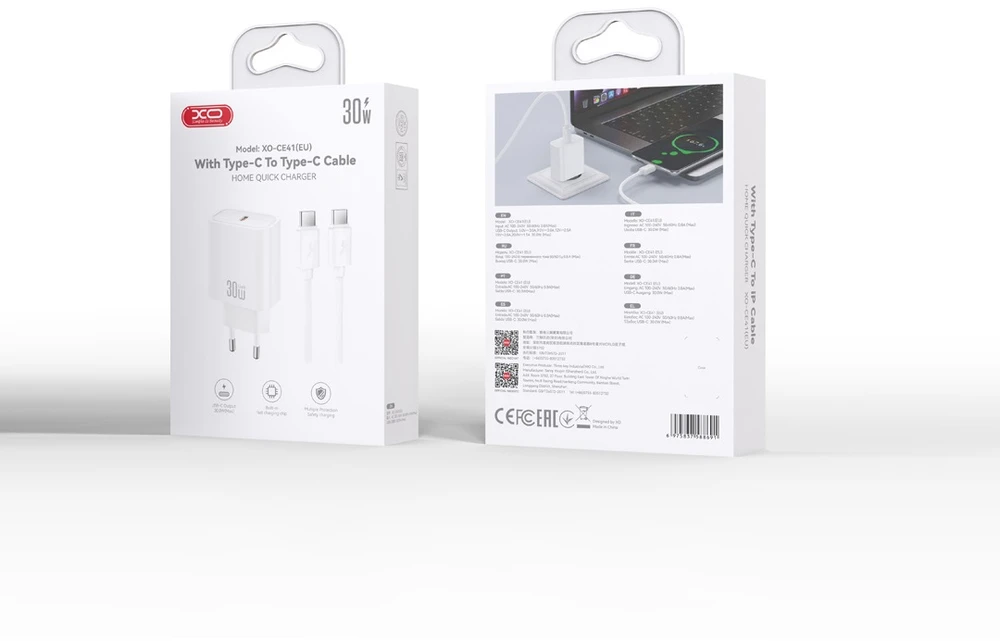 XO sieninis įkroviklis CE41 PD 30W 1x USB-C baltas + laidas USB-C – USB-C