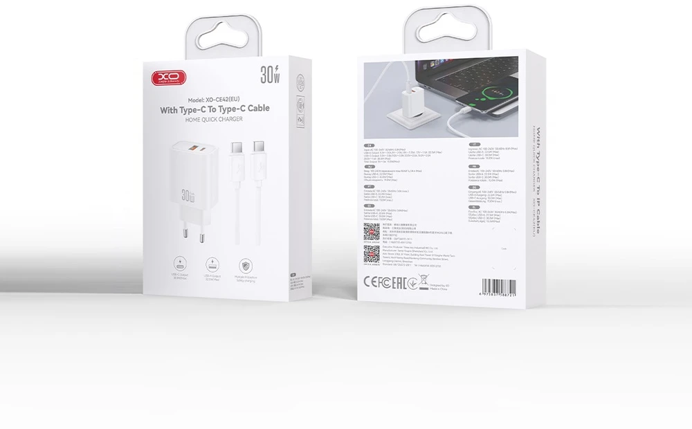 XO sieninis įkroviklis CE42 PD 30W 1x USB-C 1x USB baltas + laidas USB-C – USB-C