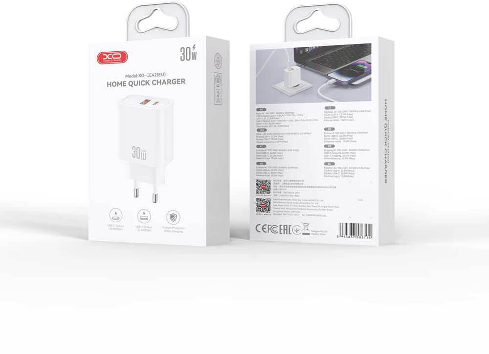 XO sieninis įkroviklis CE42 PD 30W 1x USB-C 1x USB baltas