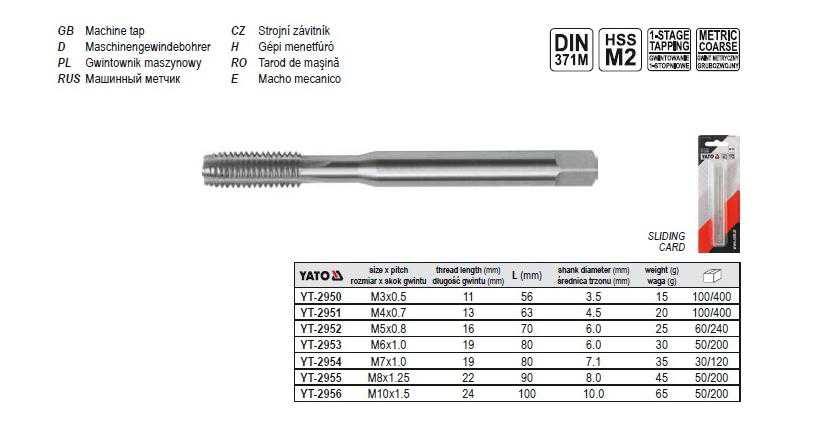 YATO Sriegiklis MASZYNOWY M10, DIN 371 HSS M2 2956