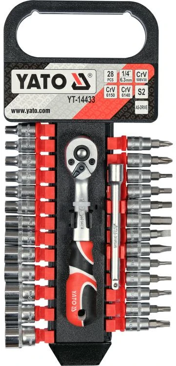 Yato Toya Sa Poland Galvučių, antgalių ir ilgintuvo rinkinys su terkšle | 6.3 mm (1/4") | 28 vnt. (YT-14433)