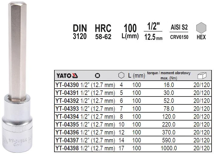 YATO ŠEŠIAKAMPIS RAKTAS 1/2 5x100mm 04391