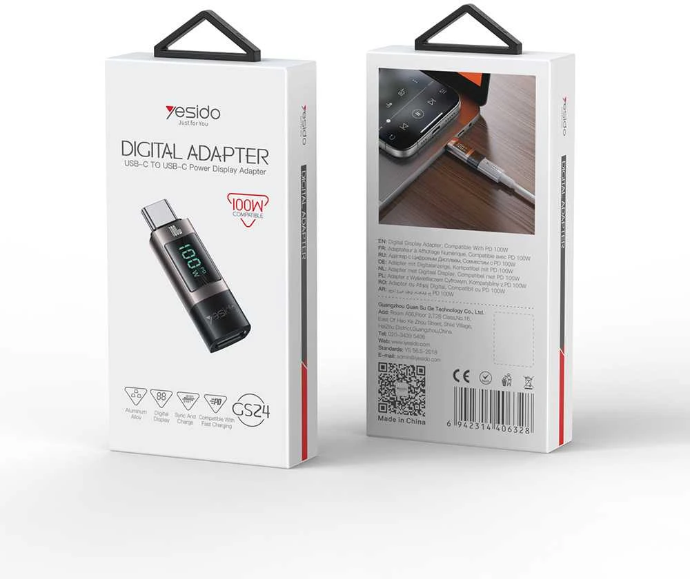 Yesido adapteris OTG GS24 – C tipo (vyras) į C tipo (lizdas) – su LCD ekranu, juodas