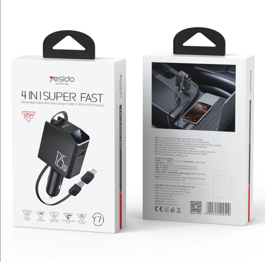 YESIDO AUTOMOBILINIS ĮKROVIKLIS Y71 125W GREITAS ĮKROVIMAS 4in1 LED + C+iP LAIDAS 65W Juodas
