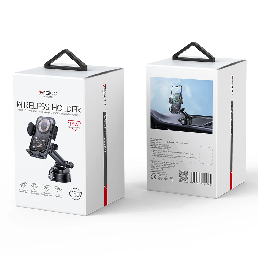 Yesido automobilio laikiklis C307 indukcinis 15W prie priekinio stiklo juodas