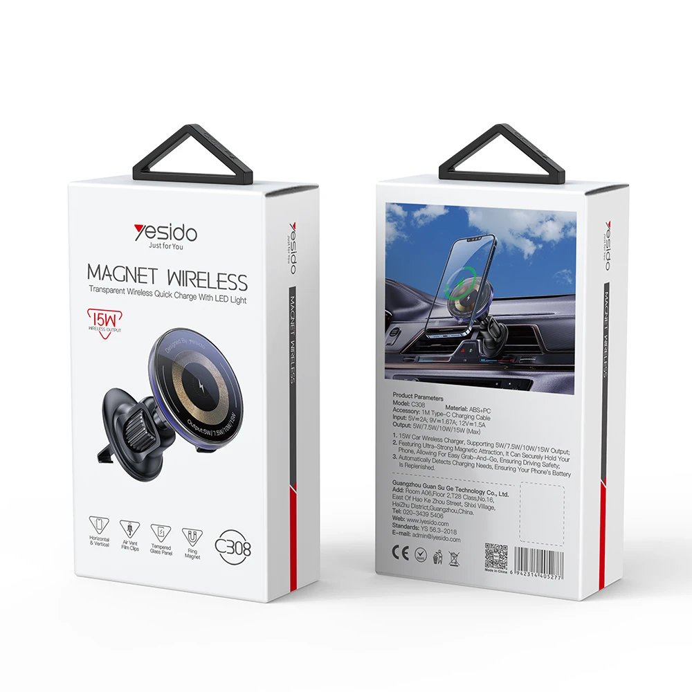 Yesido automobilio laikiklis magnetinis C308 indukcinis 15W ventiliacijos angai juodas