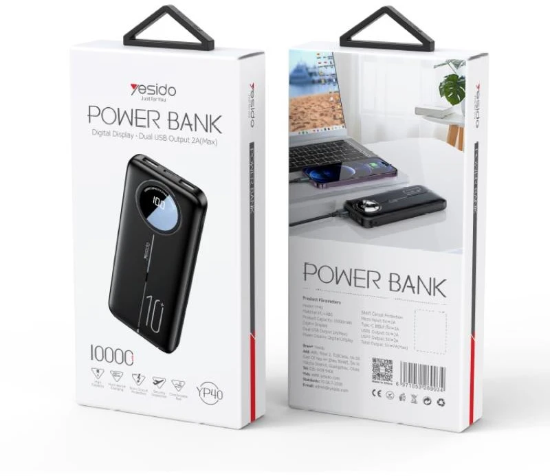 yesido išorinė baterija YP40 10 000 mAh LED, 2xUSB-A + USB-C, JUODA