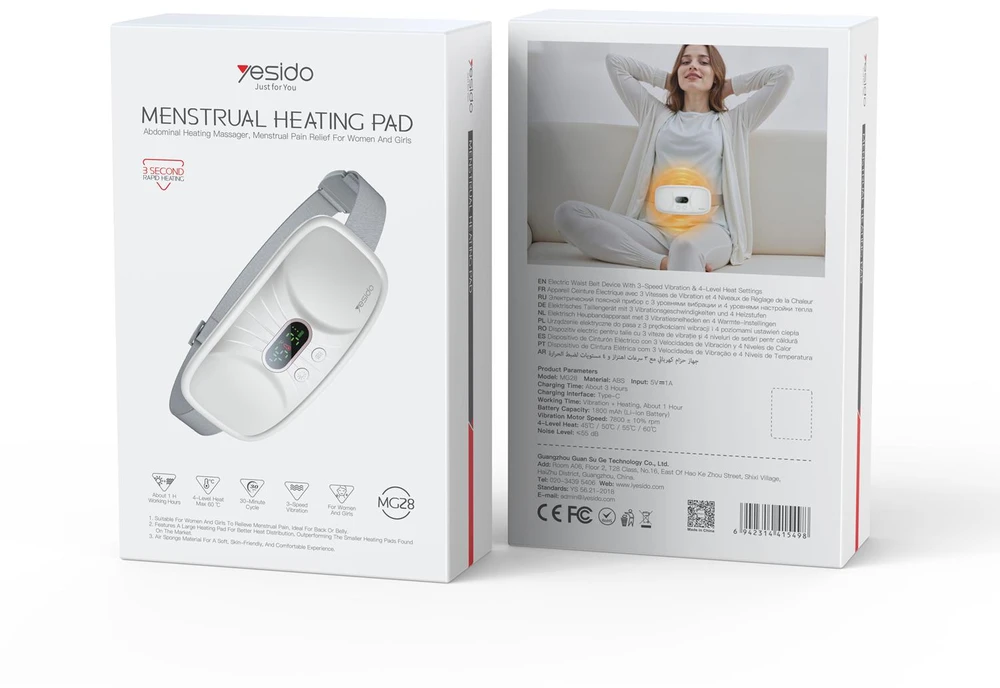Yesido menstruacijų diržas MG28, baltas, 1800mAh, su 4 šilumos lygiais ir 3 vibracijos greičiais